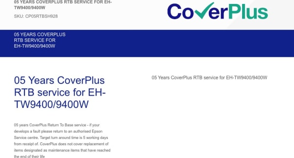 Epson Coverplus 05 Years Rtb Service For Eh-Tw9400 Or Eh-Tw9400W (Cp05Rtbsh928)