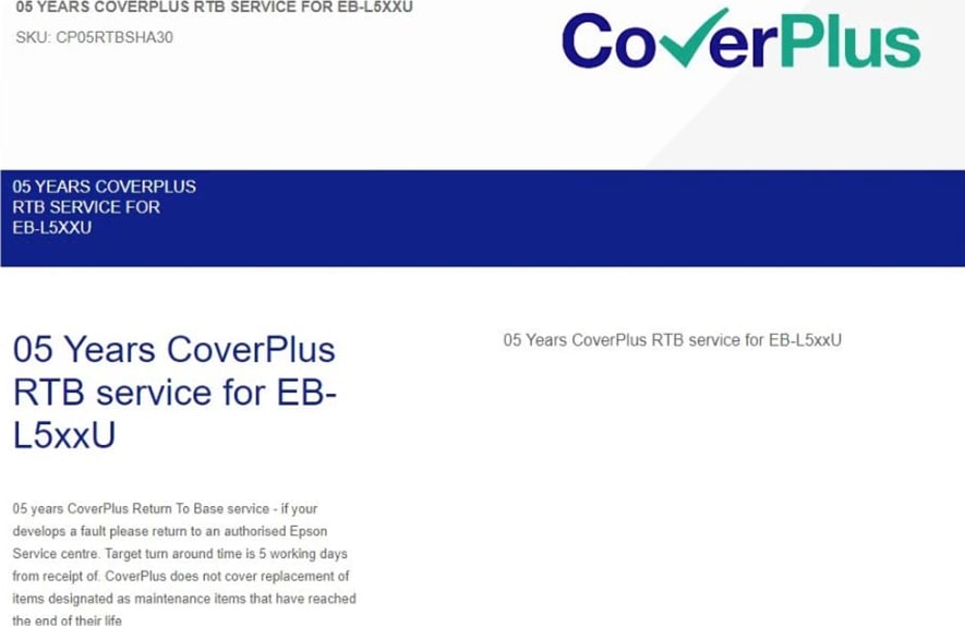 Epson CoverPlus 05 Years RTB service for EB-L5XXU (CP05RTBSHA30)