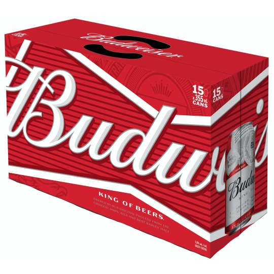 Budweiser - 15 cans / 12oz - Budweiser beer is a medium-bodied, American-style lager beer. Brewed with high quality barley malt, a blend of premium hop varieties, fresh rice and filtered water, this American beer is crisp and full of flavor. Budweiser beer has 5% ABV and contains 145 calories and zero grams of fat per serving. Every occasion calls for a Budweiser; enjoy a cold beer while watching the game or grab a pack when your barbecues or social gatherings need refreshing drinks. This lager beer is the perfect companion to pizza, burgers and fried chicken, but don't let the pairings stop there. The cans and package make this beer easy to transport wherever Budweiser is needed.