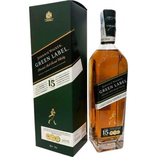 Johnnie Walker Green Label Blended Malt Scotch Whisky - 750mL - Johnnie Walker Green Label is blended only from single malts which include its four signature malts Talisker, Cragganmore, Linkwood, and Caol Ila. The Johnnie Walker masters of blending concentrate on the keynote flavors in these malts to create the distinctive taste of Green Label. Nose of coffee grains, vanilla, and gentle smoke among others and a palate of malt and toffee. Hints of earthyness back up a sweetness and hints of coal Ilya peat. ABV 43