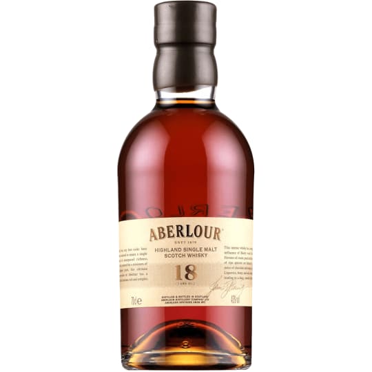 Aberlour 18 Year Old Whiskey Single Malt - 750mL - Spicy and luxurious. The mature, deep, spicy one: a deeper Sherry influence adds more spiciness and a liquorice tang. Greater age adds body and develops the distinctive fruitiness to a rich raisin character.