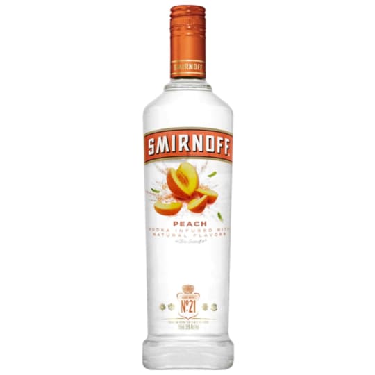 Smirnoff Peach Flavored Vodka - 750mL - Smirnoff Peach is infused with the natural flavor of juicy peaches for a sweet and fruity taste. This spirit has a pleasant sweetness and pairs best with soda water, lemonade, or iced tea. Smirnoff Peach is Kosher Certified and gluten free.