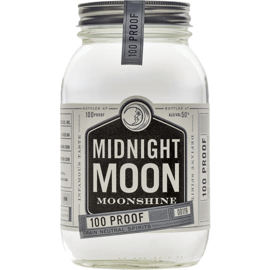 Midnight Moon 100 Proof Moonshine Whiskey - 750mL - Still based on Junior Johnson's legendary family moonshine recipe, Midnight Moon 100 proof gives you the clear, smooth taste of Midnight Moon Original with a bit more kick. It's handcrafted in small batches, made from American corn and tripled distilled for a clean tasting 100 Proof.