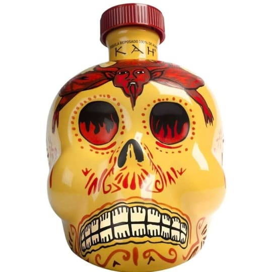 Kah Tequila Resposado - 750mL - An ultra smooth, and ultra high-proof Tequila with a full body, and intense Agave favor. It is aged for ten months in French limousine casks, where it acquires subtle hints of vanilla and caramel. The Kah Tequila Reposado bottle is painted as "El Diablo".