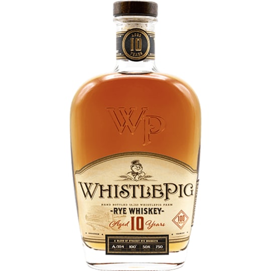 Whistlepig 10 Year Rye Whiskey - 750mL - Their 10 year old straight rye is made with 100% rye and delivers a full-on flavour profile of clove, mint, barrel char, creamy caramels and butterscotch. Properly excellent stuff.