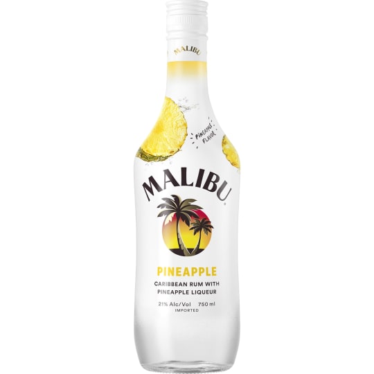 Malibu Pineapple Flavored Rum - 750mL - A delightful blend of Caribbean rum and sparkling fresh pineapple. Well-balanced and tropical, with a slight sweetness and the distinctive character of Malibu Caribbean rum.