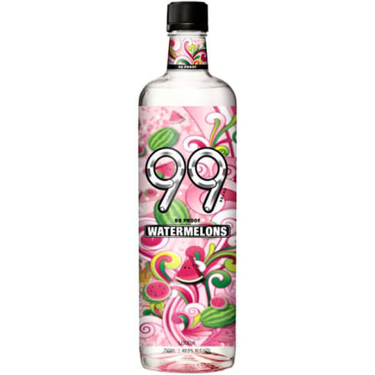 99 Watermelons Schnapps - 750mL - It is a fun, full-flavored Schnapps Liqueur. Candied fruits hit the nose, noting sour watermelon, while fresh watermelon consumes the palate with a slight tartness. 99 Brand is a 99 proof full flavor shot. It combines bold flavors with high proof, giving consumers a great-tasting intense shot.