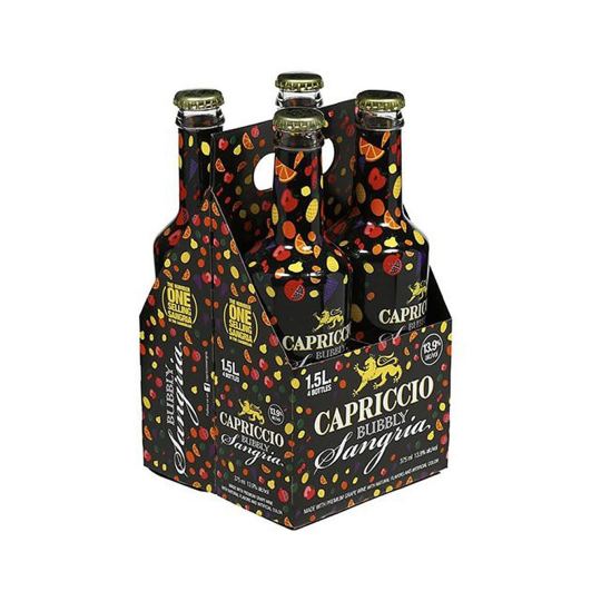 Capriccio Bubbly Red Wine Sangria - 4 Pack / 375mL - Capriccio Sangria is a delicious blend of red wine and 100% natural fruit juices and flavors. With hints of pineapple, pomegranate, and orange, Capriccio Sangria is a well balanced, refreshing,fruit forward wine with a silky smooth finish.