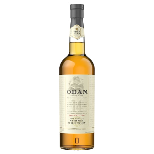 Oban 14 Year old Single Malt Whiskey Scotch - 750mL - Tasting Notes: NOSE: Rich sweetness and fruits - oranges, lemons and pears, with sea-salt and peaty smokiness. TASTE: Mouth-filling late autumn fruits - dried figs and honey-sweet spices; followed by a smoky malty dryness. FINISH: Long, smooth-sweet Finish with oak-wood, dryness and a grain of salt.