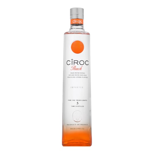 Cîroc Peach Flavored Vodka - 375mL - Cîroc Peach is the third flavor-infused varietal from the makers of Cîroc Ultra-Premium Vodka. Distilled five times to ensure high quality, the spirit is masterfully infused with a distinctive blend of peach and other natural flavors, resulting in a taste experience that is lusciously different and elegantly smooth. Enjoy the juicy flavor of Peach Cîroc with a splash of sparkling wine in a classic Peach Cîroc Bellini.