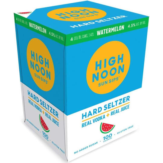 High Noon Vodka & Soda Watermelon Seltzer - 4 cans / 335mL - High Noon Watermelon Vodka Hard Seltzer is made with real fruit juice, sparkling water and natural flavors. This crisp and refreshing drink only has 100 calories, no added sugar and it's gluten free. Enjoy straight from the can or served over ice.