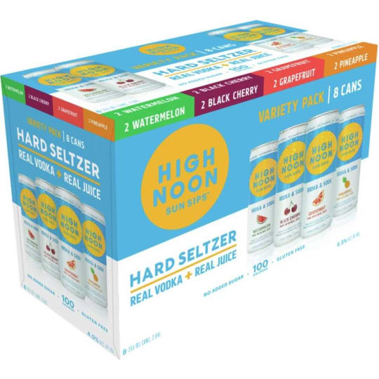 High Noon Vodka & Soda Variety Pack - 8 cans / 335mL - This crisp and refreshing drink only 100 calories, no added sugar and it's gluten free. The 8 pack includes 2 cans of each of: watermelon, pineapple, passionfruit, and mango.