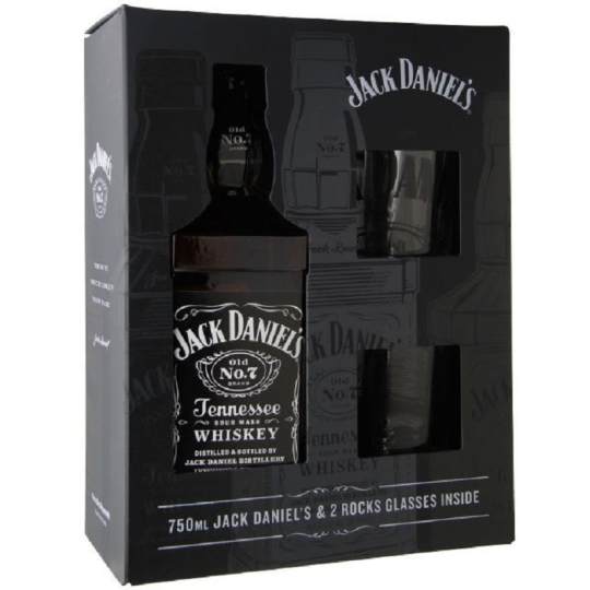 Jack Daniel's Tennessee American Whiskey Kit - 750mL - Sour mash whiskey made in Tennessee from natural corn, rye, barley malt and then charcoal filtered. Sweet with caramel, vanilla and charred wood. Pure, clean, and smooth. Classic. Enjoy on the rocks or in mixed drinks. Gift comes with two glasses, perfect for the holidays!