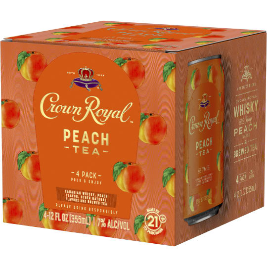 Crown Royal Peach Tea Ready-Made Cocktail - 4 cans / 12oz - Featuring the signature smoothness of traditional Crown Royal Whisky combined with the sweet flavor of fresh peaches, this 14 proof cocktail offers an effortlessly delicious way to relax or celebrate. For a refreshing tasting cocktail, simply pour in a glass with ice and garnish with a peach slice.
