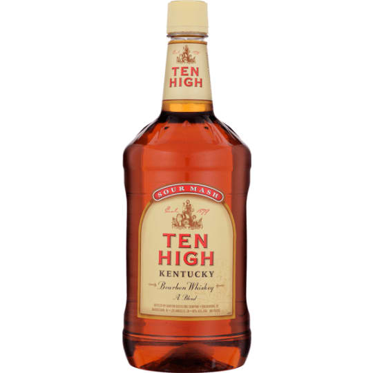 Ten High Sour Mash Bourbon Whiskey - 1.75L - It is a quality sour mash whiskey that maintains a wealth of tradition and craftsmanship. It is carefully distilled and matured in white oak barrels to create a smooth, distinctive bourbon whiskey. It has a bright amber hue and restrained grainy, woody aromas. A lean entry leads to a medium-bodied palate.