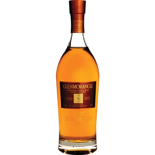 Glenmorangie 18 Year old Whiskey Scotch - 750mL - A wonderfully creamy and thick 18 year old whisky. It has a taste of tinned citrus, lychee, very creamy, honey, tropical-fruit driven Glenmorangie. Once a total age of 18 years for all the whiskies involved has been achieved, the isolated parts are reunited and bottled at 43% alcohol by volume (86 proof).