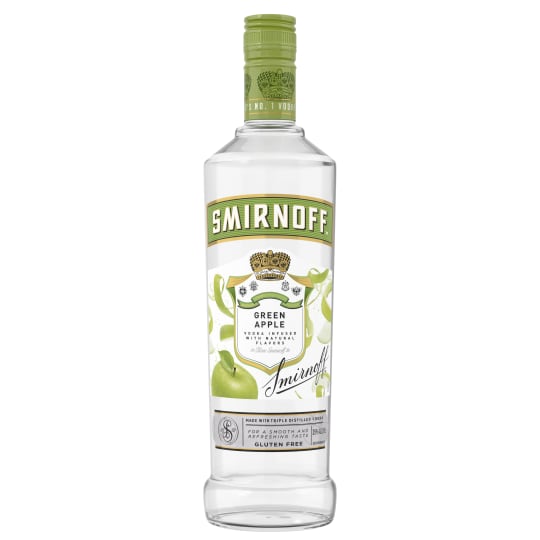Smirnoff Apple Flavored Vodka - 750mL - Infused with the tart but sweet flavor of green apples, Smirnoff Green Apple is the perfect Vodka Specialty for your next cocktail party. Triple distilled, this 70 proof specialty spirit is smooth enough to drink on the rocks or in a round of shots. Smirnoff Green Apple’s tasty fruit infused flavors allow for endless unique drink ideas.