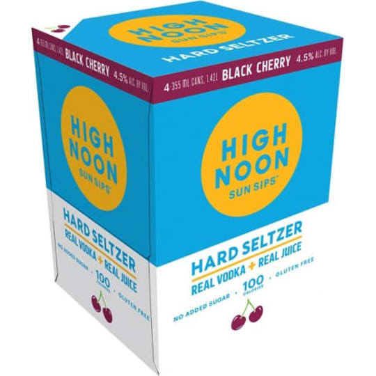 High Noon Black Cherry Hard Seltzer - 4 cans / 355mL - High Noon Black Cherry Hard Seltzer is made with real vodka and real fruit juice, sparkling water, and natural flavors. Only 100 calories, no added sugar and gluten-free. Black Cherry is a bubbly burst of juicy, tangy, and sweet. Most perfect for an impromptu pool party with a dozen of your closest friends.
