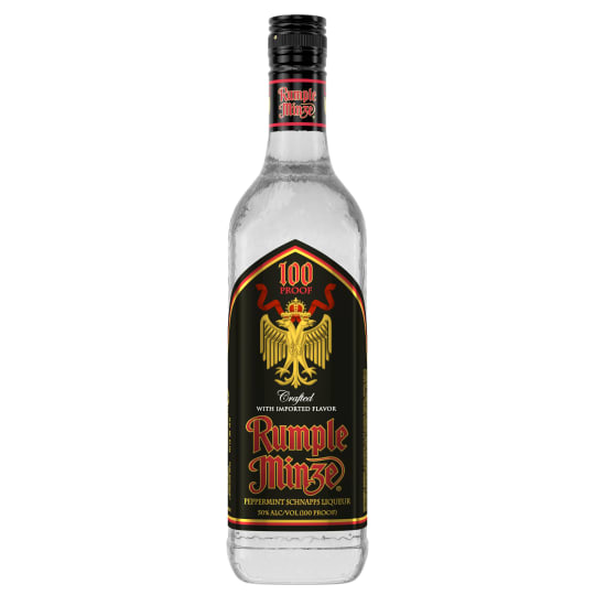 Rumple Minze 100 Proof Peppermint Schnapps - 750mL - Rumple Minze (also known as Lingus) is a German-style liqueur brand, best known for peppermint schnapps. The Rumple Minze peppermint liquor has a strong peppermint smell and taste, and it has a high alcohol content at 50% ABV (100 proof), compared to the 40% (or 80 proof) of most liquors.