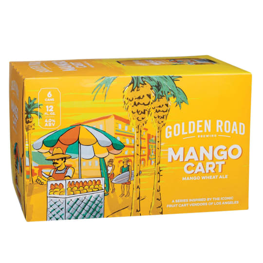 Golden Road Tart Mango Cart Wheat Ale - 6 cans / 12oz - Golden Road Brewing Mango Cart Wheat Ale is a wheat beer. This light beer is bursting with fresh, bright mango flavor and aroma and has a crisp finish; enjoy the refreshing taste of this mango beer anytime of the year.