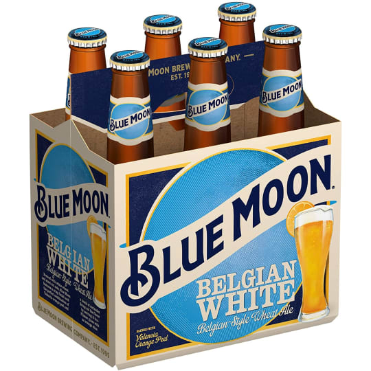 Blue Moon Belgian White Wheat Ale - 6 bottles / 12oz - Crisp and tangy with subtle citrus sweetness, Blue Moon Belgian White is a Belgian-style wheat ale beer perfect for sharing. Crafted with Valencia orange peel, a touch of coriander, oats, and wheat, this light fruity beer provides a refreshing and balanced taste for every season.