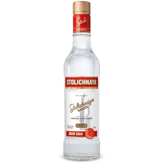 Stolichnaya Vodka - 375mL - Winter wheat and glacial water is double distilled using quartz and activated charcoal filtration. Herbal and licorice flavors linger with light smoke and a touch of fruit. Best chilled and straight or in tonic.