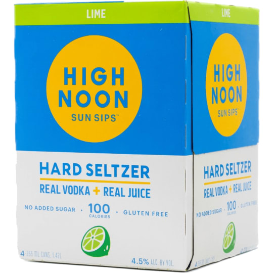High Noon Lime Hard Seltzer - 4 cans / 355mL - High Noon Lime Hard Seltzer is made with real vodka and real fruit juice, sparkling water, and natural flavors. Only 100 calories, no added sugar, and gluten-free. This mouthwatering hard seltzer is the perfect complement to Taco Tuesday.