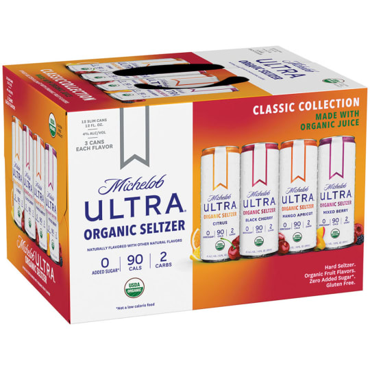 Michelob Ultra Classic Collection Organic Seltzer - 12 cans / 12oz - Made with all-natural ingredients; spiked sparkling water and organic juice for a real fruit taste with just 90 calories; 2 grams of sugar; 0 grams of carbs; and a 4% ABV.