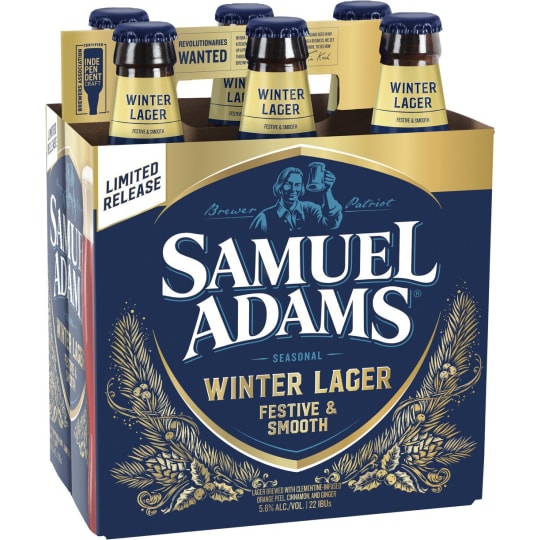Samuel Adams Winter Lager - 6 bottles / 12oz - Samuel Adams Beer Seasonal Brew Winter Lager Bottles. Proudly brewed & bottled by The Boston Beer Company. Time to come in from the cold. This rich, smooth wheat lager has the warmth of holiday spices with fresh ground cinnamon, ginger & orange peel.