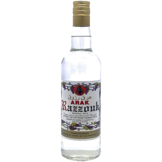 Arak Razzouk Liqueur - 750mL - Made from special varieties of sweet mountain grapes, which are crushed, fermented, and then distilled over a low fire and aged and mellowed for at least six months. Today, it's enjoyed on the rocks with an equal amount of water.