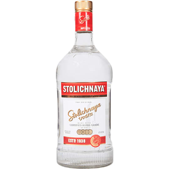 Stolichnaya Vodka - 1.75L - Winter wheat and glacial water is double distilled using quartz and activated charcoal filtration. Herbal and licorice flavors linger with light smoke and a touch of fruit. Best chilled and straight or in tonic.