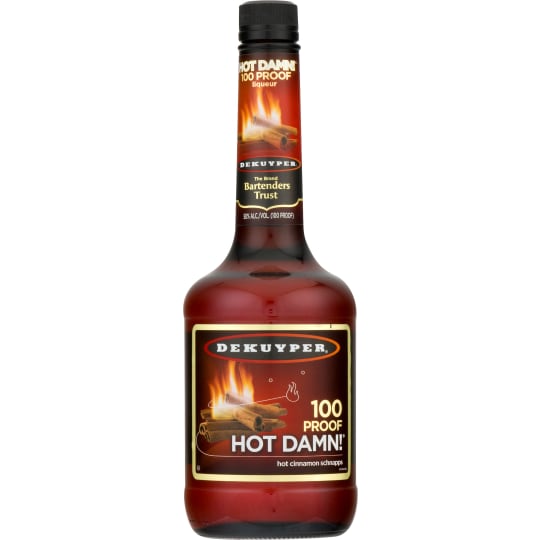 DeKuyper Hot Damn Hot Cinnamon Schnapps - 750mL - With its bold, delicious flavor of fiery cinnamon, this liqueur is the perfect way to warm up shots and cocktails. Extremely versatile with endless combination possibilities, the simple but distinct taste of cinnamon pairs with almost any type of mixer for a fun and spicy cocktail.