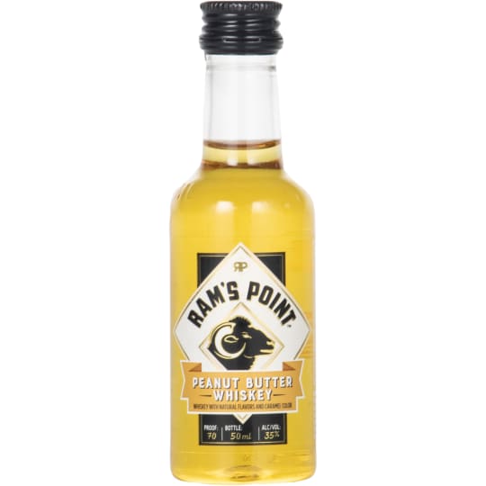 Ram's Point Peanut Butter Flavored Whiskey - 50mL - Butting heads with tradition, Ram's Point was created especially for the hard- headed who aren't afraid to live life on the edge. Our bold whiskey locks horns with smooth peanut butter flavor to create an intense spirit worth fighting for.