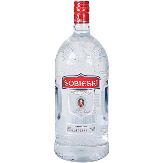 Sobieski Vodka - 1.75L - It is made with 100% Rye. Crystalline water gives it an unmistakable silkiness, and continuous rectification, in the highest column still in Europe, creates one of the purest, smoothest vodkas in the world. As Rye Vodka, Sobieski is distinctive and different. No wonder why experts describe Sobieski as Real Vodka.