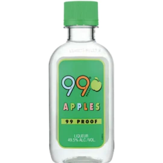 99 Apples Schnapps - 100mL - The only 99 proof apple-flavored schnapps. Intense tangy apple taste that makes Apple Martinis exceptional -- it's an apple to the core. With a taste intensity that stands up to vodka and mixers and distinctive packaging that conveys the premium quality and breezy, colorful, irreverent attitude of our 99 proof schnapps.