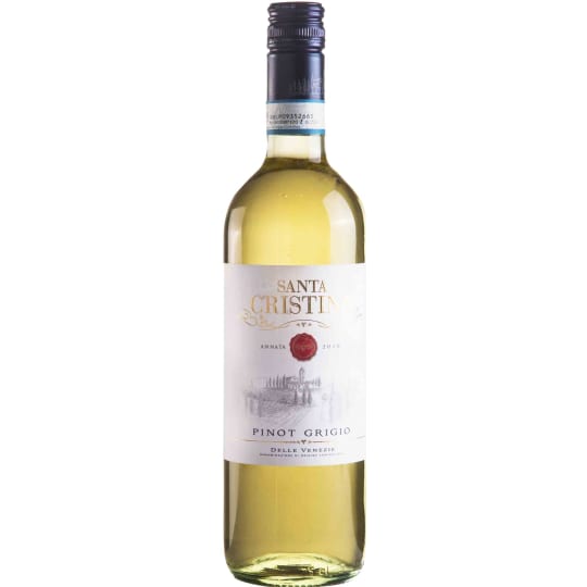 Santa Cristina Pinot Grigio - 750mL - These extremely versatile wines are made for everyday enjoyment, whether served by themselves or with virtually any food. Straw yellow in color, the wine offers fruity and delicate aromas of pineapple, green apples, and lemon peel. The flavors are balanced and are characterized by softness and ripeness.