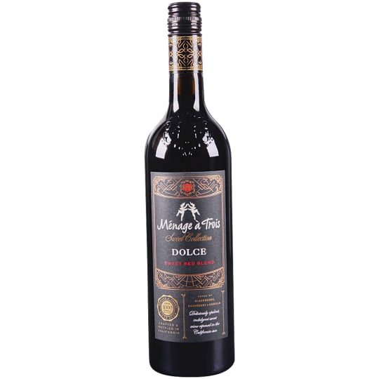 Menage A Trois Dolce Red Wine Red Blend - 750mL Menage a Trois - Menage a Trois Dolce is a decadently sweet, semi sparkling red blend is brimming with a wealth of dark blackberry and raspberry flavors accented by warm notes of cherry vanilla.