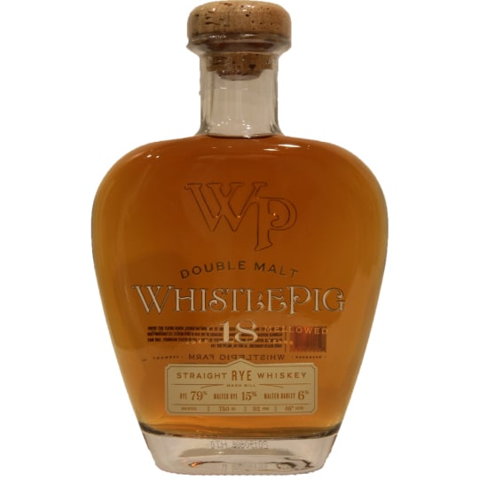 Whistlepig 18 Year Old Whiskey Rye - 750mL - WhistlePig Rye Whiskey. WhistlePig Double Malt Rye is our oldest Rye, patiently mellowed for 18 years. Its base of 79% Rye delivers bold, peppery spice, while 15% Malted Rye adds soft, floral and earthy character. A final 6% of malted barley brings rich, sweet, toasted notes.