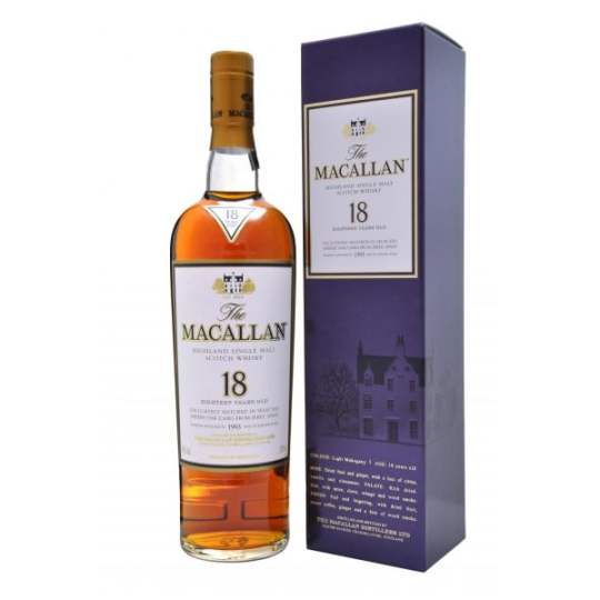 The Macallan Sherry Oak 18 Years Old-750ml - Highland, Scotland- Outstanding, complex Single Malt, matured at The Macallan distillery for a minimum of 18 years in selected Sherry oak casks from Spain. Rich palate of dried fruits, spice, orange and wood smoke. Full-bodied, lingering, smooth, elegant and aromatic finish.
