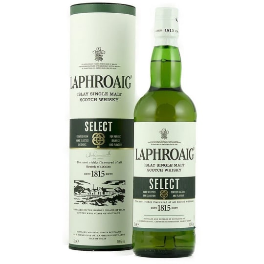 Laphroaig Select Whiskey Scotch - 750mL - To the nose, classic, medicinal peat notes up front, supported by citrusy, chocolaty sweet notes and soft barley. The peat is there, but it is taking it easy and letting the bright notes of lemon, green apples and mint stand out. The finish is medium length.