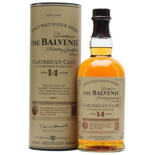 The Balvenie 14 Years Old Cask Single Malt Whiskey Scotch - 750mL - The Balvenie Caribbean Cask Speyside single malt whiskey is aged in rum casks for a rounded taste with vanilla and sweet oak notes and a fruity character. Awarded Gold medals at ISC and IWSC in 2020.