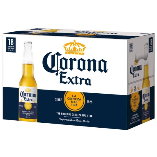 Corona Extra Pale Lager - 18 bottles / 12oz - With a refreshing, smooth taste balanced between heavier European imports and lighter domestic beer, Corona is an even-keeled cerveza with fruity-honey aromas and a touch of malt. The flavor is crisp, clean and well balanced between hops and malt, a superior taste profile from superior ingredients.