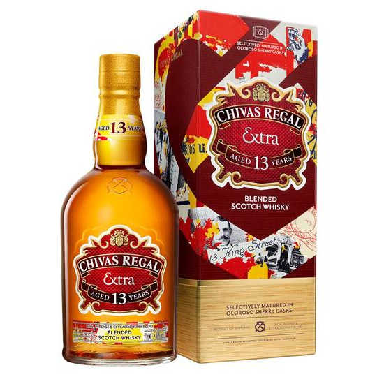 Chivas Regal 13 year Extra - 750ml - This Chivas Extra 13 blended Scotch whisky selectively matured* in Oloroso Sherry Casks is inspired by the Chivas brothers’ 13 King Street Emporium in Aberdeen, where they imported different spirits, exotic spices, and luxury food items from across the globe. Imparting its own unique combination of characteristics onto the Chivas blend, this finish brings new and contrasting flavour notes to the spirit for the first time.