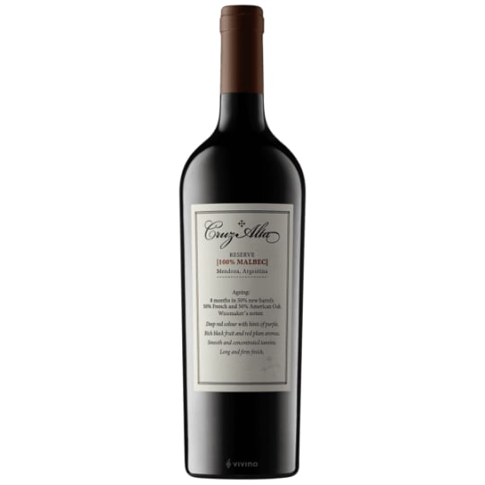 Cruz Alta Malbec Reserve-750ml - Mendoza, Argentina- This 100% Malbec is sourced from three iconic high altitude vineyards in the famed region of Mendoza. Revealing rich black fruit and red plum aromas, a spicy, structured palate and a long firm finish. Classic match with grilled meats.