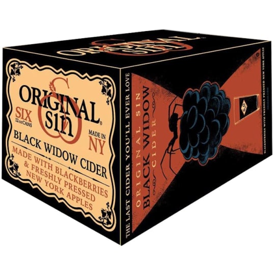 Original Sin Black Widow Cider 6 x 12oz Cans - A tart semi-sweet cider made with blackberries and freshly pressed New York apples. Contains 6% alcohol.