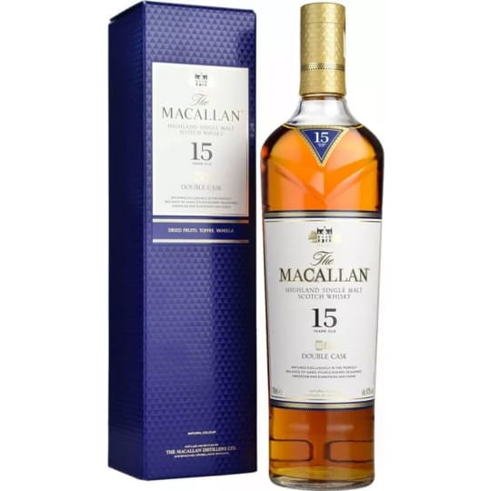 Macallan 15 Year Double Cask-750ml - Scotland- The first ever Double Cask 15 Year Old is the perfect marriage of classic Macallan style and unmistakable sweetness of American Oak aged in hand crafted Sherry Seasoned European and American Oak. The oak casks make the greatest contribution to quality, natural color, & flavor.