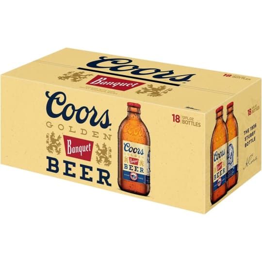 Coors Banquet Lager Beer - 18 bottles / 12oz - Coors Banquet Lager Beer is a golden lager beer. Brisk and satisfying with a subtle sweetness and malty refreshment, this beer has a 5% alcohol by volume. Banquet is a sessionable, golden lager with an inviting aroma of freshly baked bread and understated hints of banana and pear that’s complemented by an effervescent mouthfeel and a crisp finish. There's a sturdy balance to this American lager. This case of bottled beer is the perfect adult beverage for tailgating, barbecues, fishing and hunting trips, garage tinkering, camping and outdoor exploring. Coors' commitment to quality is unwavering: from brewing using only 100% Rocky Mountain water and ingredients like high country Moravian barley, to malting in-house to ensure consistency from grain to glass. Pair Coors Banquet with everyday favorite fare - burgers, BBQ and wings. Coors Banquet is the result of conviction and tradition – one that can be traced back for more than 140 years.