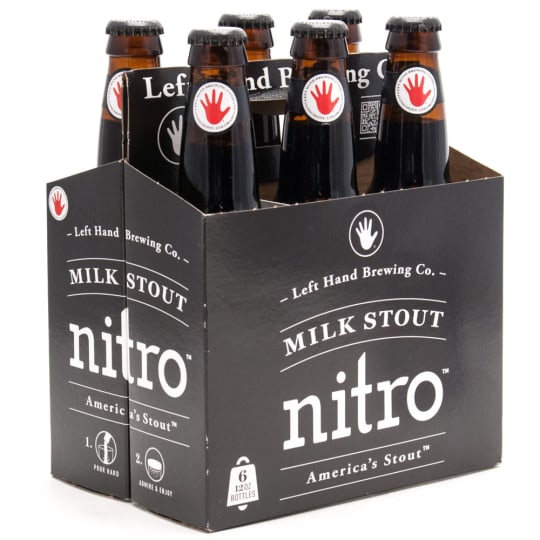 Left Hand Milk Stout Nitro - 6 bottles / 12oz - Dark and delicious, Americas great milk stout will change your perception about what a stout can be. Pouring hard out of the bottle, Milk Stout Nitro cascades beautifully, building a tight, thick head like hard whipped cream. The aroma is of brown sugar and vanilla cream, with hints of roasted coffee. The pillowy head coats your upper lip and its creaminess entices your palate. Initial roasty, mocha flavors rise up, with slight hop and roast bitterness in the finish. The rest is pure bliss of milk chocolate fullness. ABV 6.0