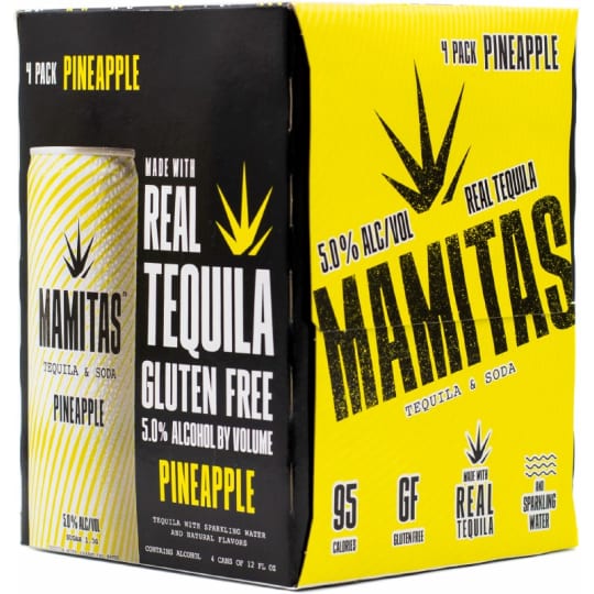 Mamitas Pineapple Tequila + Soda - 4 cans / 12oz - Mamitas Tequila & Soda. Hard seltzer made with real tequila. 5% ABV, 95 Calories, 4 delicious flavors: Pineapple, Paloma, Lime and Mango.