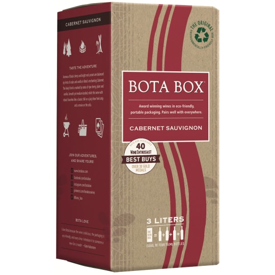 Bota Box Cabernet Sauvignon - 3L - Bota Box Cabernet Sauvignon offers aromas of black cherry and red currant in the glass with just a touch of cedar and vanilla. Medium in body, this wine is supple and juicy with rich flavors of ripe cherry, plum and spice on the finish. Bota Box Cabernet Sauvignon is an ideal partner for barbecued meats, hearty stews or pasta served with marinara sauce.